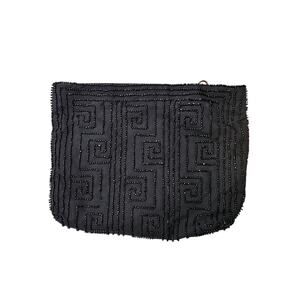 Vintage Black Beaded Clutch Bag With Greek Key Pattern & Brass Zipper Closure